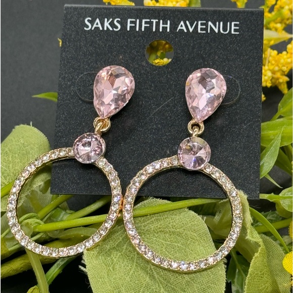 Saks Fifth Ave Pink Teardrop Crystal Post With Drop Hoop Pave Earrings - Picture 5 of 8